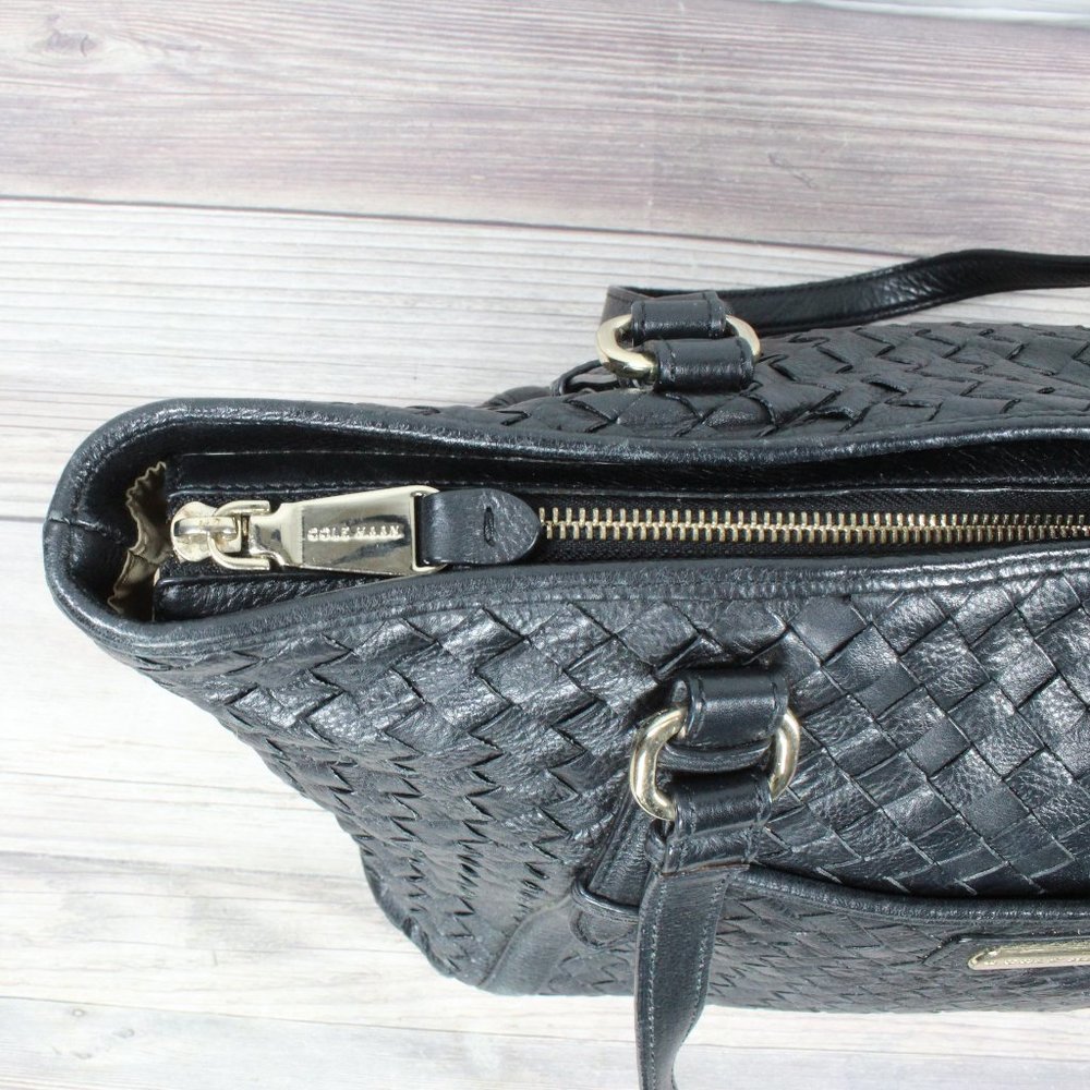 Cole Haan Black Genuine Leather Woven Design Tote Shoulder Bag - Picture 6 of 10